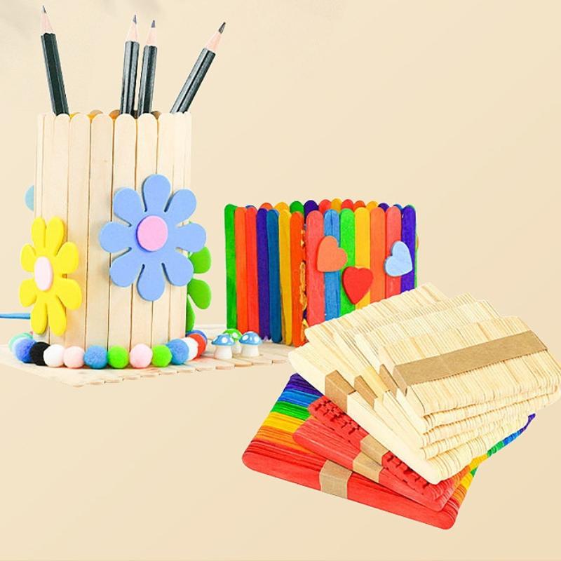 Art Craft With Ice Cream Stick - カラフルな天然木製アイスキャンディースティック 子供用DIYプロジェクト 美術工芸 教育クラフト用品 100本入り
