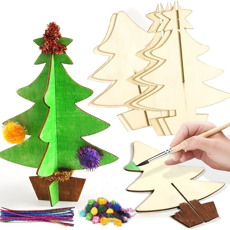Art Craft Event - 70個入り、DIY木製クリスマスツリークラフトキット、未塗装の3D木製ツリー（ペイント用）、クリスマス手作りアートオーナメント材料